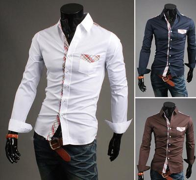 【全球新款ebay外貿(mào)男裝歐美修身男士長袖襯衫韓版潮流格子拼接】價格_廠家_圖片 -